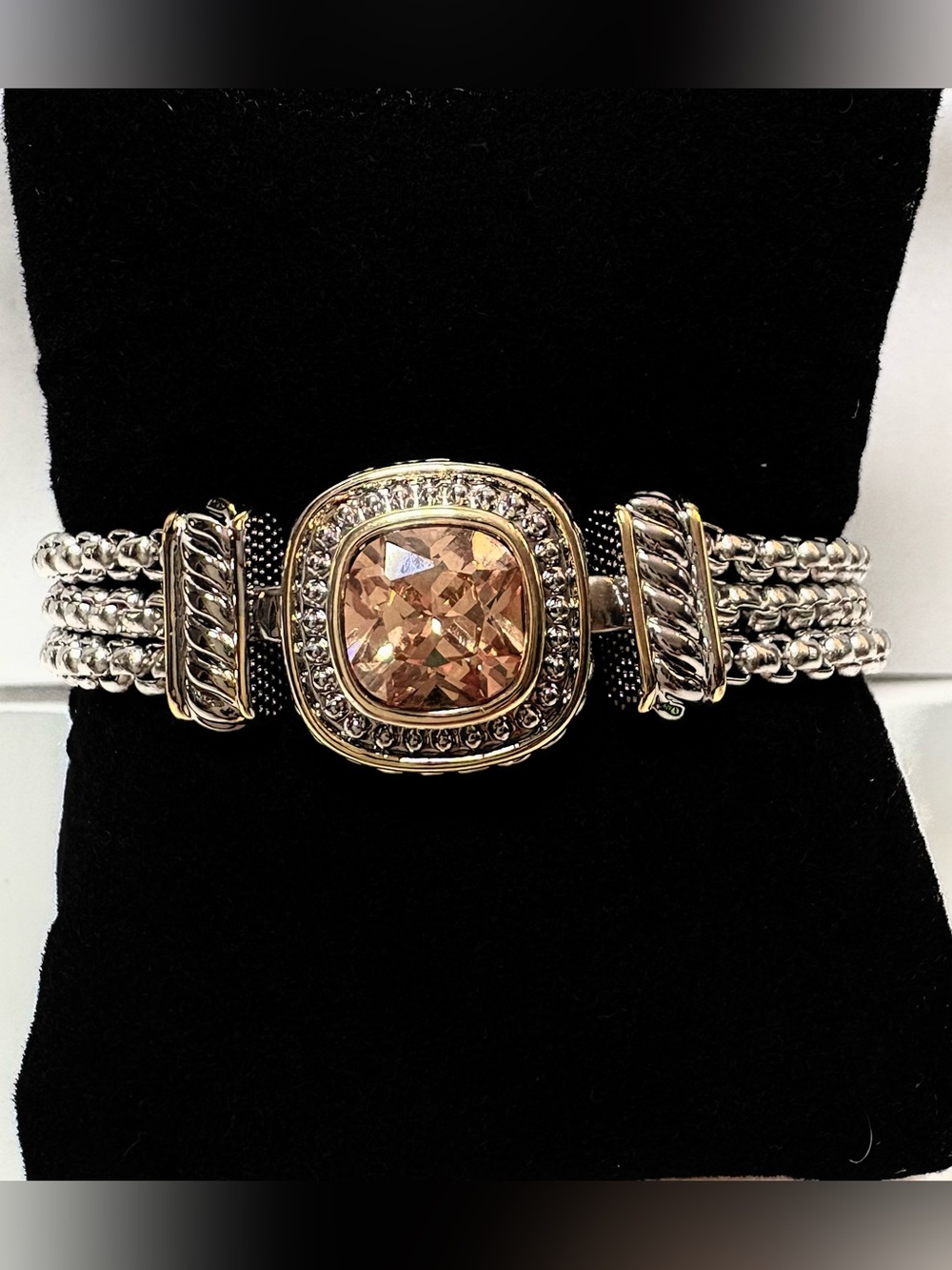 14k Plated 2 Tone Chain W/ Cushion-Cut Crystal Bracelet & Magnetic Closure.